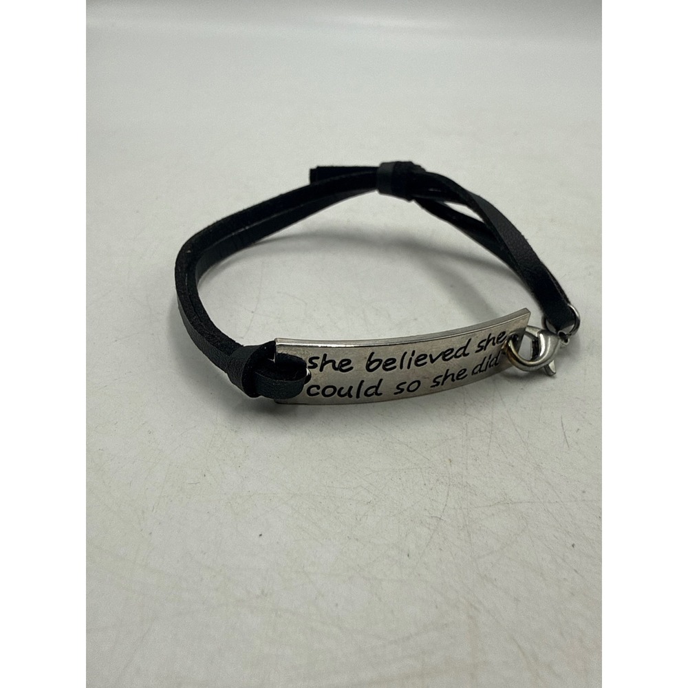 She Believed She Could So She Did Bar Bracelet Black Cord Silver Tone Quote
